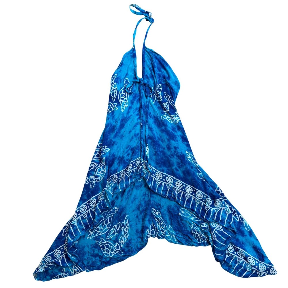 Turtle Blue Tie Dye Halter Hi Lo Maxi Dress Tie Front Beachy Coastal Resort Wear